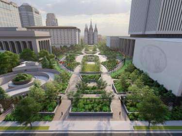 West-facing rendering of the new Church Office Building plaza. The new grounds will feature more perennials, less grass and 30% more trees. Turfgrass is being reduced by 35% and annuals by 50%. All turfgrass will receive 35-40% less water from June to September. Photo courtesy Church of Jesus Christ of Latter-day Saints