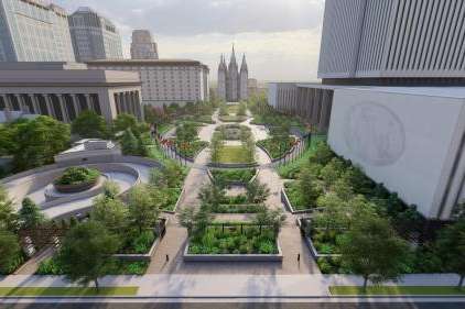 West-facing rendering of the new Church Office Building plaza. The new grounds will feature more perennials, less grass and 30% more trees. Turfgrass is being reduced by 35% and annuals by 50%. All turfgrass will receive 35-40% less water from June to September. Photo courtesy Church of Jesus Christ of Latter-day Saints