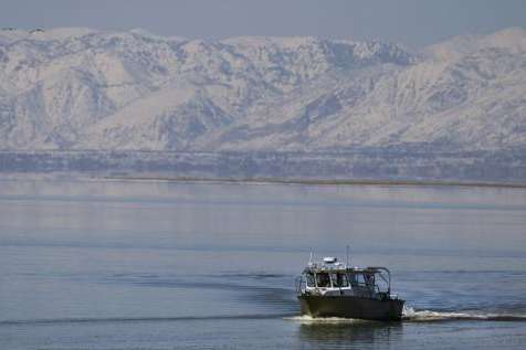(Leah Hogsten | The Salt Lake Tribune) A boat with the Great Salt Lake Ecosystem Program surveys the Great Salt Lake on Thursday, April 6, 2023.