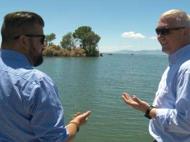 Brian Steed, right, speaks with FOX 13 News reporter Ben Winslow in June 2023. Steed is the Great Salt Lake Commissioner, a powerful new position in Utah government. He will come up with plans to reverse the lake's historic declines and make it thrive. The position even gives him the ability to override other state agencies' decisions if it means protecting the lake.