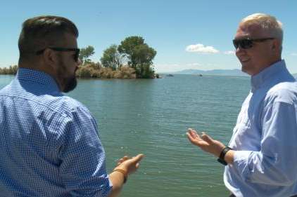 Brian Steed, right, speaks with FOX 13 News reporter Ben Winslow in June 2023. Steed is the Great Salt Lake Commissioner, a powerful new position in Utah government. He will come up with plans to reverse the lake's historic declines and make it thrive. The position even gives him the ability to override other state agencies' decisions if it means protecting the lake.