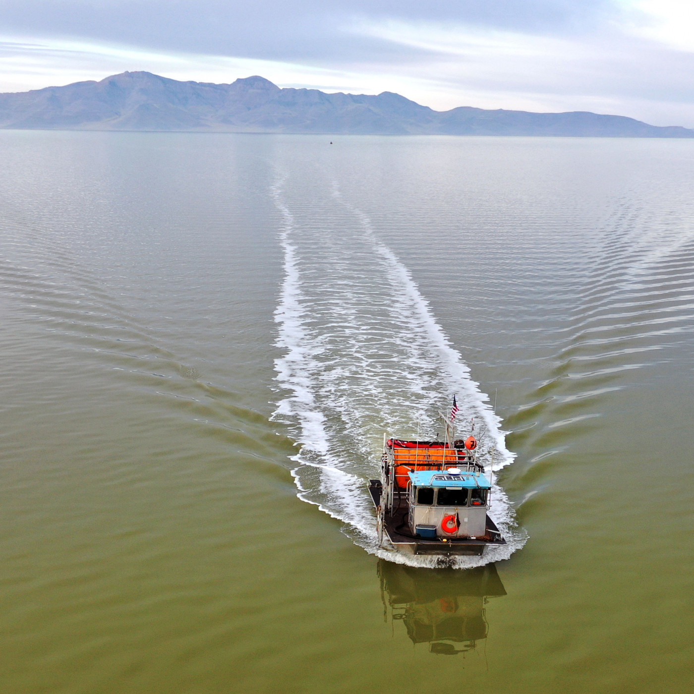 Harvester boat navigating Great Salt Lake during the annual brine shrimp (Artemia) harvest. Courtesy Great Salt Lake Artemia.