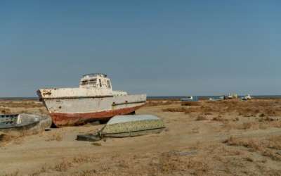 Fishing boats are left high and dry near the shores of the Aral Sea in western Kazakhstan after the industry disappeared in the early 1990s as the lake began to dry up. (Abduaziz Madyarov | The Great Salt Lake Collaborative) 