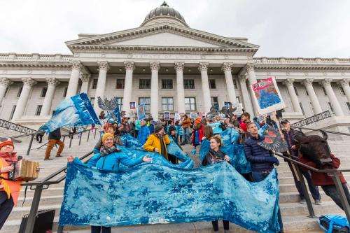 People dress up as different Great Salt Lake creatures and hold signs in support of the lake during a rally celebrating new efforts to protect the Wilson's phalarope at the Utah Capitol on Thursday. (Photo: Carter Williams, KSL.com)