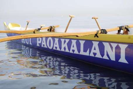 A traditional “Malia” style fiberglass canoe, named Kai Lana Kaleo, was later converted into a Hawaiian sailing canoe. (Photo courtesy of Hui Paoakalani Hawaiian Outrigger Canoe Club).