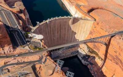 (Ecoflight) An aerial view of the Glen Canyon Dam at Lake Powell on April 14, 2022.