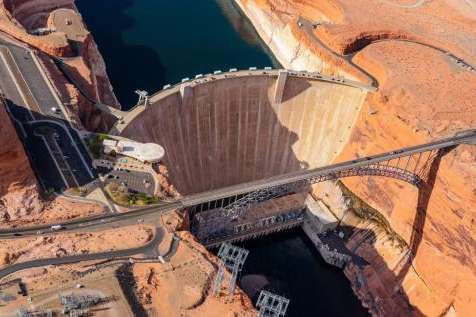 (Ecoflight) An aerial view of the Glen Canyon Dam at Lake Powell on April 14, 2022.
