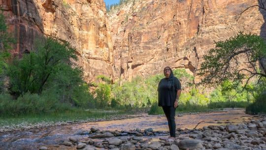 Autumn Gillard stands on the banks of the Virgin River in Zion National Park, Utah, Oct. 16, 2024. Photo by Sheldon Demke, St. George News 