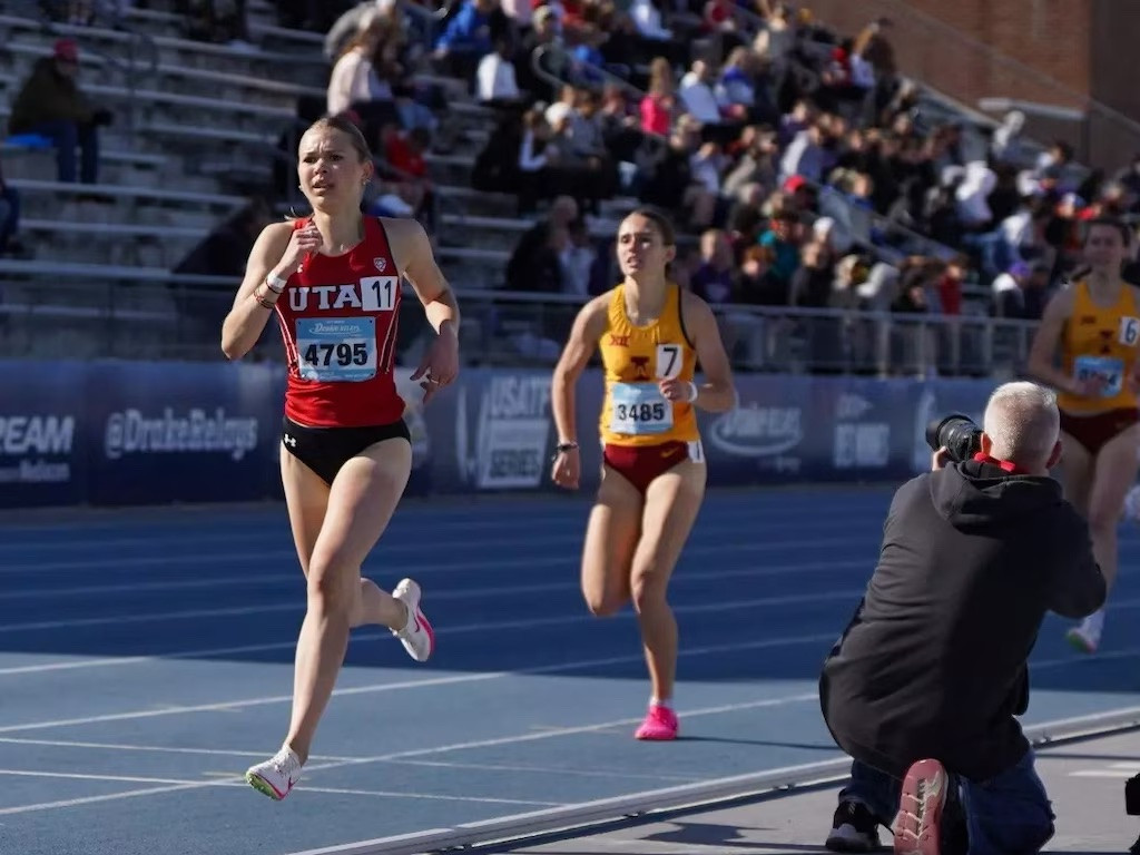 (Kasia Nowakowska) Kasia Nowakowska, a runner for the University of Utah, leads runners from Iowa State on the homestretch at the 2024 Drake Relays in Des Moines, Iowa. Nowakowska says she has noticed air-quality issues in the Salt Lake Valley more often than in her hometown in Poland.