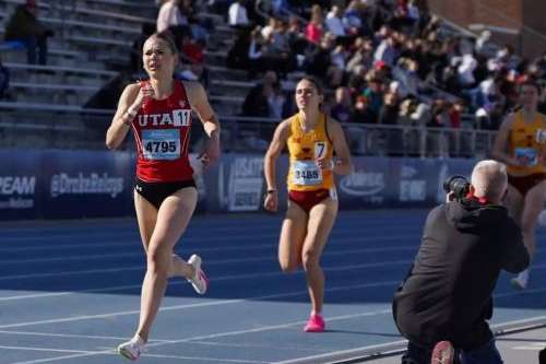 (Kasia Nowakowska) Kasia Nowakowska, a runner for the University of Utah, leads runners from Iowa State on the homestretch at the 2024 Drake Relays in Des Moines, Iowa. Nowakowska says she has noticed air-quality issues in the Salt Lake Valley more often than in her hometown in Poland.