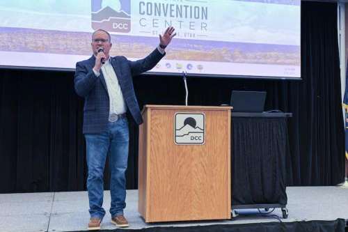 (Mark Eddington | The Salt Lake Tribune) Utah Farm Bureau Federation CEO Spencer Gibbons speaks at the Utah Hay Symposium in St. George, Thursday, Feb. 6, 2025.