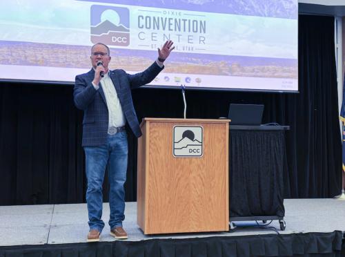 (Mark Eddington | The Salt Lake Tribune) Utah Farm Bureau Federation CEO Spencer Gibbons speaks at the Utah Hay Symposium in St. George, Thursday, Feb. 6, 2025.