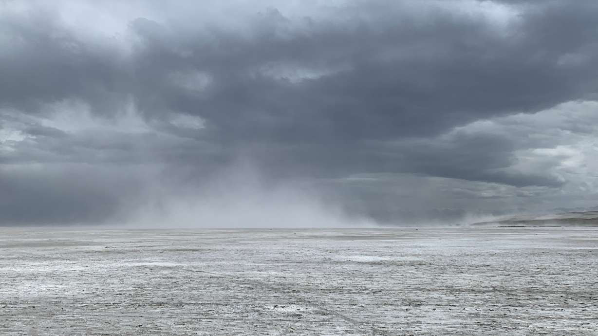 Dust flies off the Great Salt Lake on Sunday. Environmental groups warn that despite the increase this spring, the lake is still prone to dust storms. (Carmen Valdez/Healthy Environment Alliance of Utah)