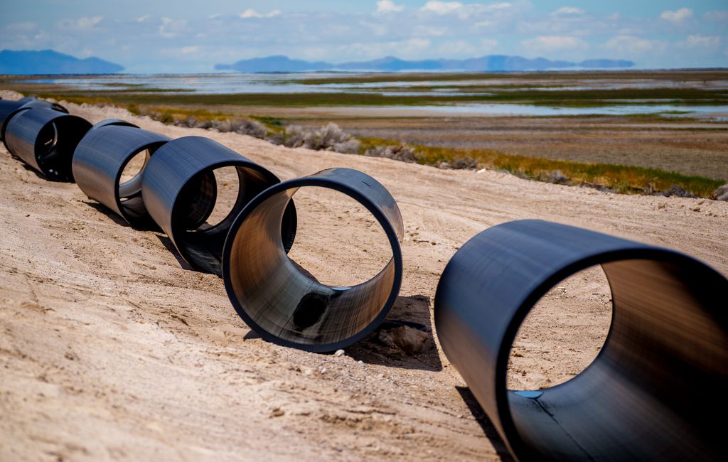 (Trent Nelson | The Salt Lake Tribune) Construction of North Davis Sewer District's new pipeline along the Antelope Island Causeway on Tuesday, May 31, 2022. The pipeline will discharge treated water into the Great Salt Lake west of Antelope Island, instead of into Farmington Bay.