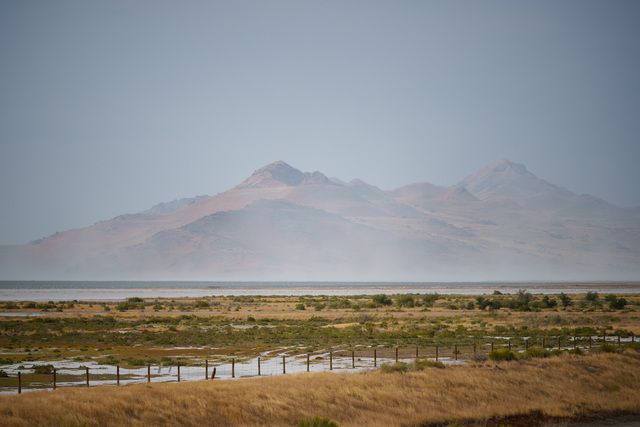 (Trent Nelson  |  The Salt Lake Tribune) Dust blows off the Great Salt Lake past Antelope Island on Saturday, Aug. 24, 2024.