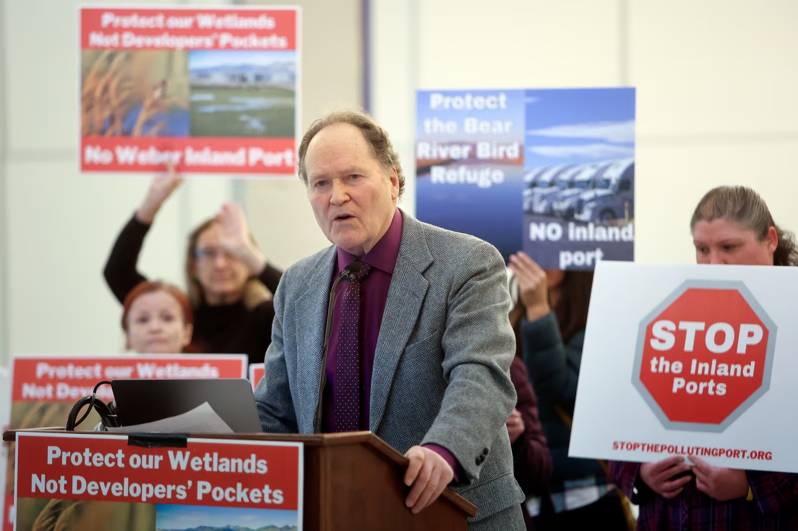 Brian Moench, MD, Utah Physicians for a Healthy Environment president and a former adjunct faculty member at the University of Utah Honors College, speaks during a press conference urging the halt to Utah Inland Port Authority development in Great Salt Lake wetlands at the capitol in Salt Lake City on Wednesday, Dec. 11, 2024. | Kristin Murphy, Deseret News 