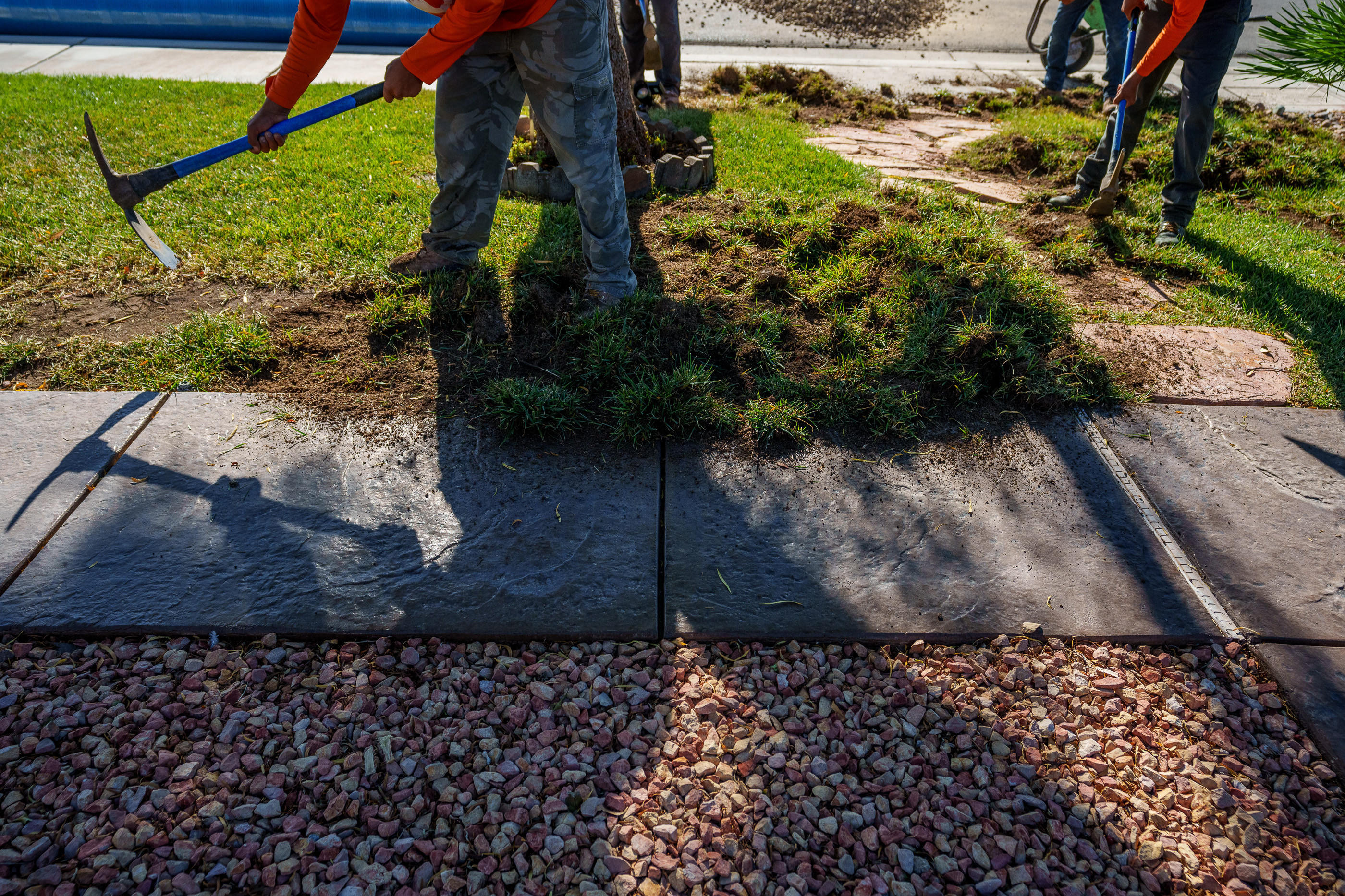 (Trent Nelson  |  The Salt Lake Tribune) Workers with Foxtail Turf remove the grass from Patricia Council's North Las Vegas yard, replacing it with artificial turf on Thursday, Sept. 29, 2022.